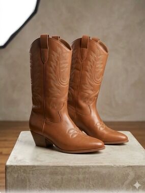 Classic Tan Faux Leather Western Mid-Calf Boots - Size 38 Euro